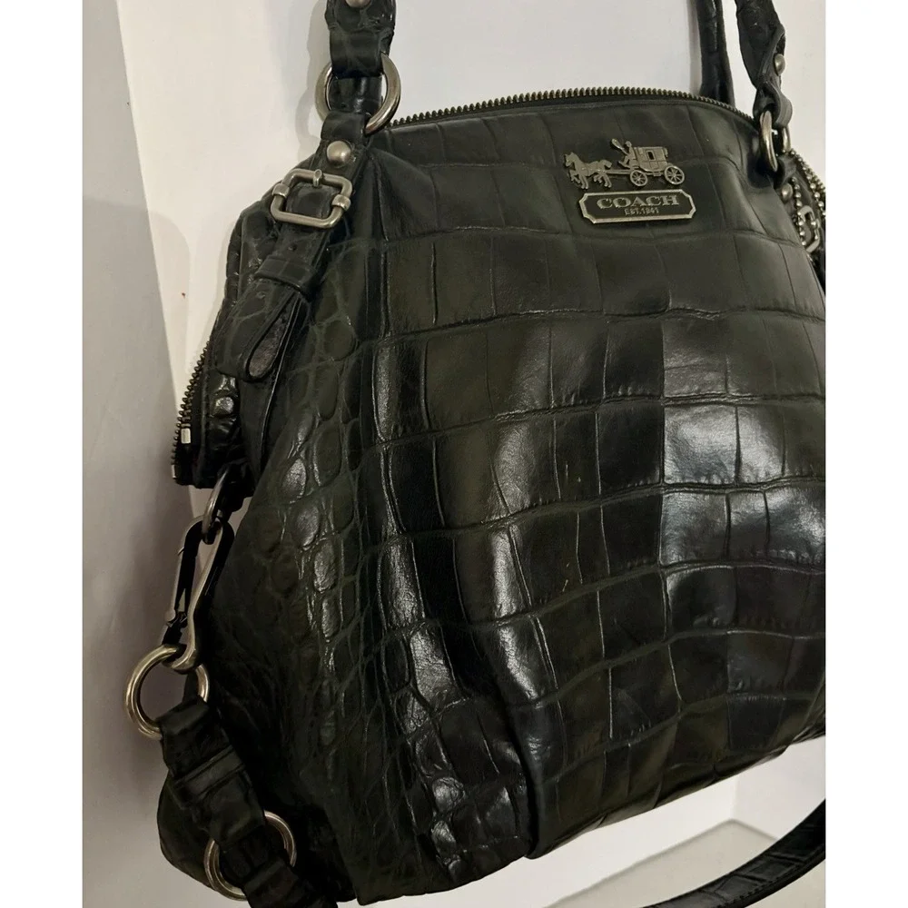 Vintage Coach Purse Madison Crocodile-Embossed Leather Black Purple Satin Lining